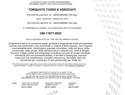 Lo Studio Torquato Tasso e Associati è il terzo studio in Italia a ricevere il Certificato Qualità UNI 11871:2022