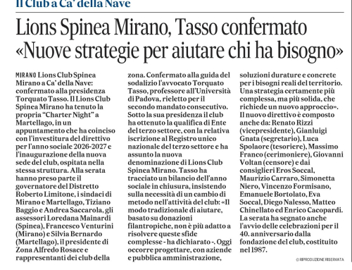 Il Prof. Avv. Torquato Tasso rieletto Presidente del Lions Club Spinea Mirano
